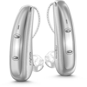 Signia Pure Charge & Go MaX rechargeable hearing aid fitted behind the ear
